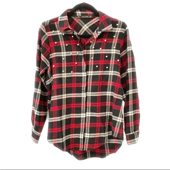 ZARA Basic Collection Black and Red White Faux Pearls Plaid Button Down Shirt ❤️ - Picture 7 of 11
